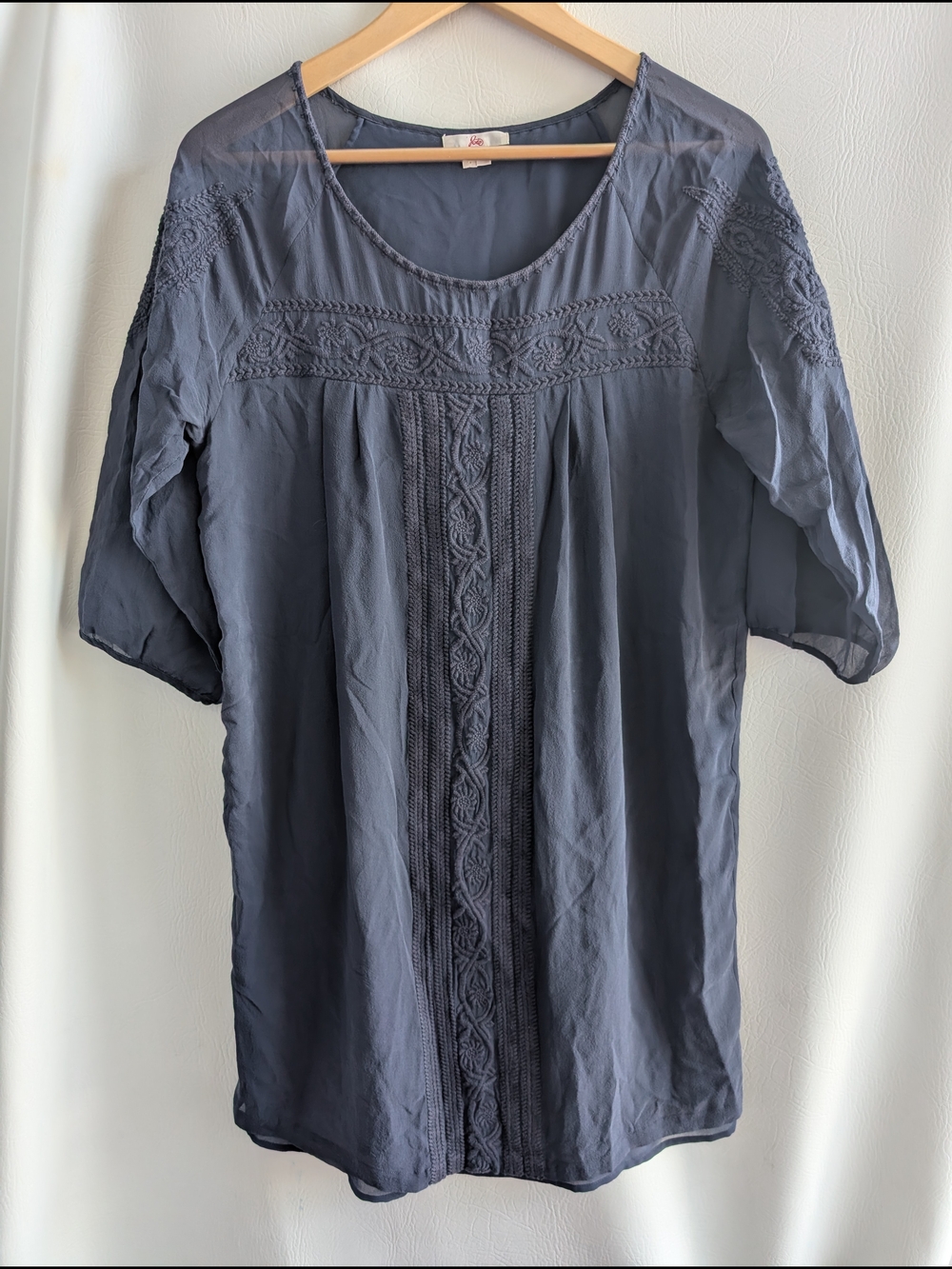Joie Silk Blue Embroidered Scoop-Neck Mini Shift Dress Lined - M
